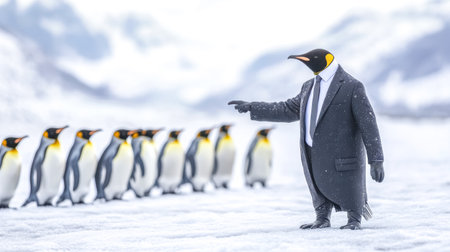 King penguin boss pointing at something with group of penguins followingの素材