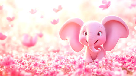Cute pink elephant smiling in a field of pink flowersの素材