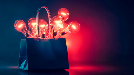 Shopping bag overflowing with glowing light bulbs on dark backgroundの素材
