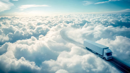 White delivery truck driving on a road in the cloudsの素材