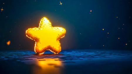 Glowing pixel art star shining on blue backgroundの素材