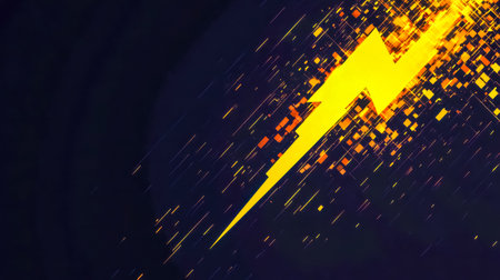 Lightning bolt breaking through digital noise on dark backgroundの素材