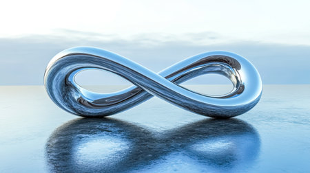 Infinity symbol reflecting on water surface at sunsetの素材