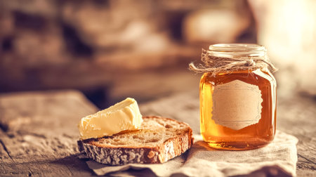 Jar of golden honey with blank label next to slice of bread and butterの素材