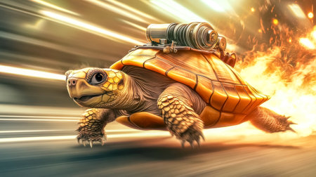 Turtle running fast with flames coming from its rocket engineの素材