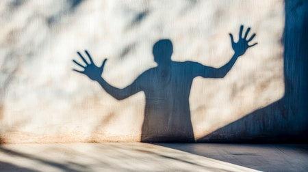 Shadow of a man raising his hands on a textured wallの素材