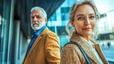 Businesswoman smiling with colleague in the backgroundの素材