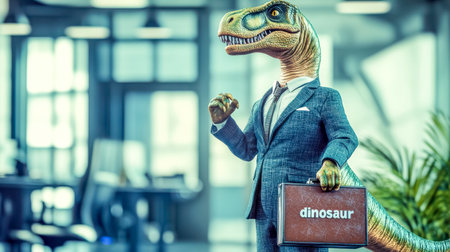 Velociraptor wearing suit and holding briefcase is going to workの素材