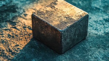 Big heavy metal cube casting a shadow on the groundの素材