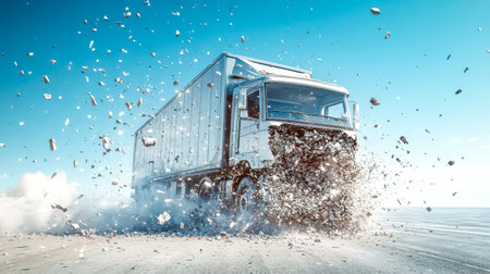 Delivery truck breaking through wall leaving trail of dust and debrisの素材