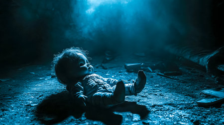 Scary doll lying on floor in dark room with dramatic lightingの素材