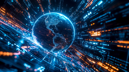 Planet earth rotating with digital data flowing around itの素材