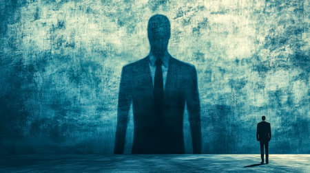 Businessman looking at giant shadow of himself projected on wallの素材