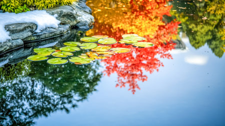 Colorful autumn leaves reflecting in water with lily pads and snowの素材