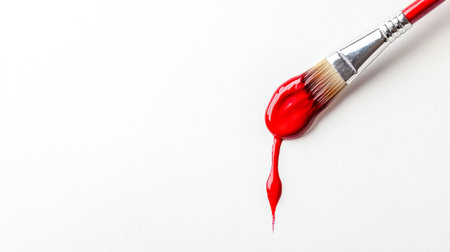 Paintbrush dripping red paint on white canvas backgroundの素材