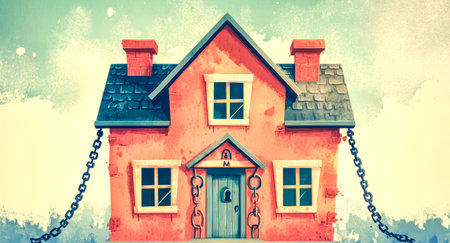 Red brick house hanging by chains symbolizing home protectionの素材