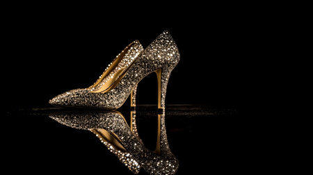 Pair of sparkly high heels reflecting on black surfaceの素材