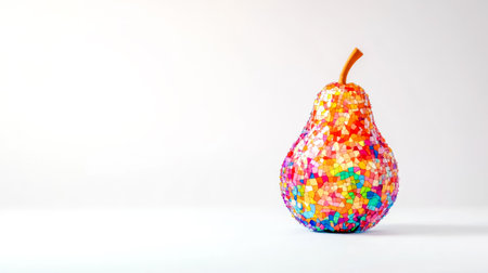Colorful pear sculpture standing on white backgroundの素材