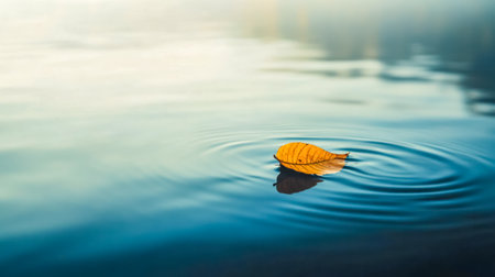 Single yellow leaf floating on water creating ripplesの素材