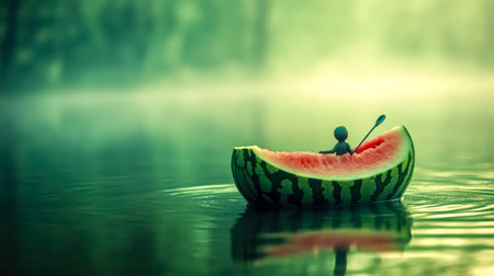 Miniature figure paddling a watermelon boat on a misty lakeの素材