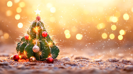 Cactus decorated with christmas lights and ornaments on a blurry backgroundの素材