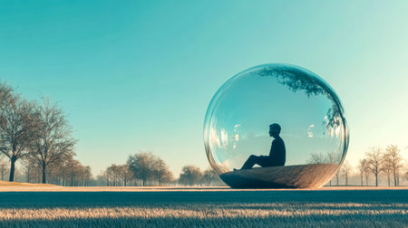 Businessman sitting inside a bubble in surreal landscapeの素材