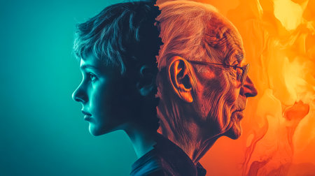 Young boy transforming into senior man showing aging processの素材