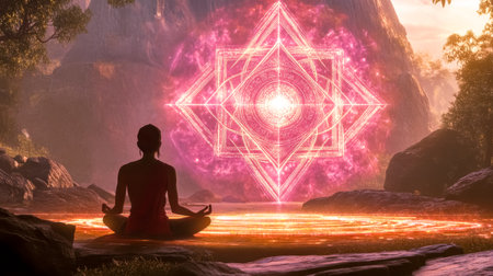 Woman meditating opening third eye psychic energy connection to the universeの素材