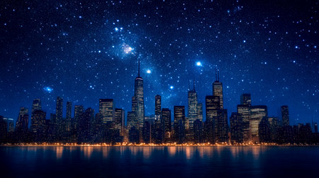 Chicago skyline standing tall under a starry night skyの素材