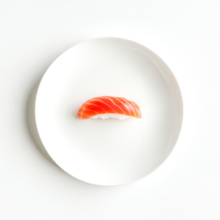 Single salmon nigiri sushi resting on a white plateの素材