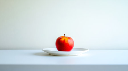 Single red apple sitting on white plate minimalist compositionの素材