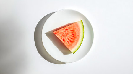 Slice of watermelon resting on a white plate with harsh shadowsの素材