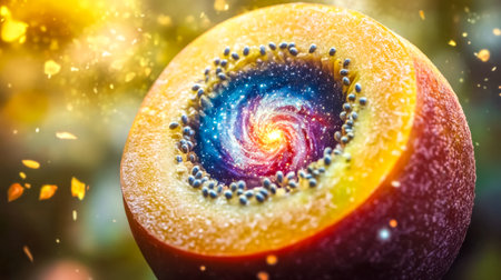 Apricot showing spiral galaxy inside with seeds aroundの素材