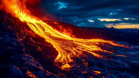 Volcano erupting with lava flowing downhill at twilightの素材