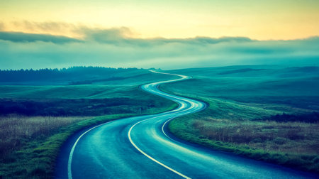 Winding road leading through green hills at dawnの素材