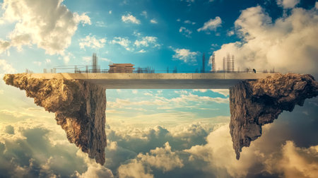 Construction site connecting two floating islands above the cloudsの素材