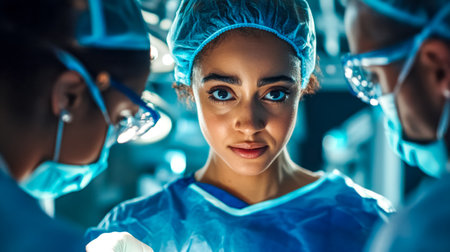 Diverse medical team performing surgery in operating roomの素材