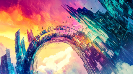 Cityscape transforming into colorful music notes with sunset backgroundの素材