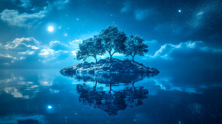 Three trees growing on island reflecting in water at nightの素材