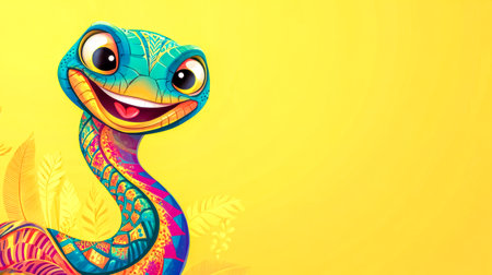 Colorful snake smiling on yellow backgroundの素材