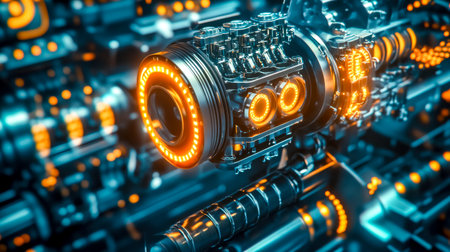 Futuristic v8 combustion engine glowing orange working closeupの素材