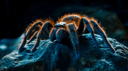 Large tarantula spider sitting on blue rockの素材