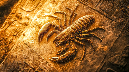 Ancient egyptian hieroglyph showing a scorpion carved in stoneの素材