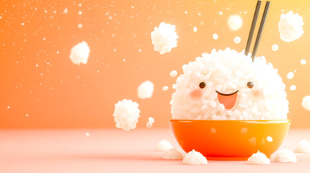 Happy rice bowl with chopsticks enjoying rice rainの素材