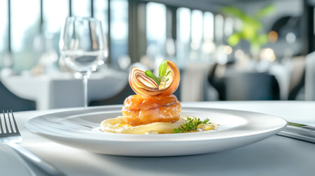 Gourmet dessert being served in fancy restaurant settingの素材