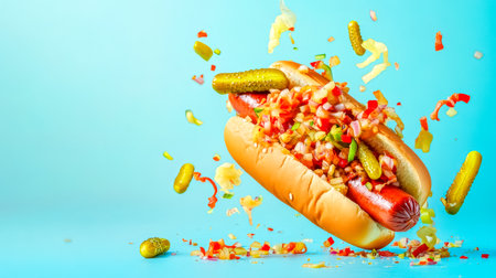 Hot dog topped with condiments flying on blue backgroundの素材