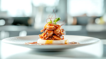 Gourmet dish with caramelized onions and sauce being served in restaurant settingの素材