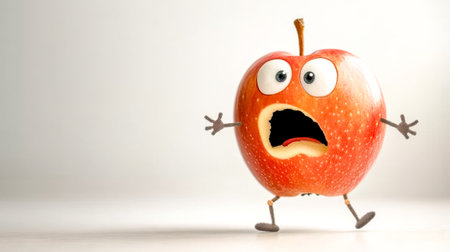 Frightened red apple character running away from something on white backgroundの素材