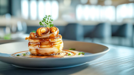 Gourmet dish with sauce and parsley garnish on a white plateの素材