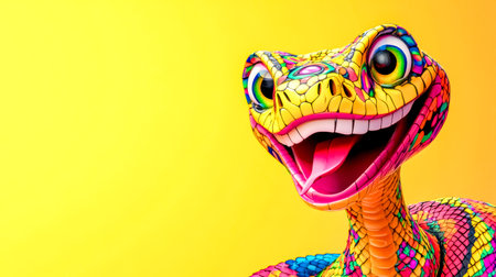 Colorful snake smiling and showing tongue on yellow backgroundの素材